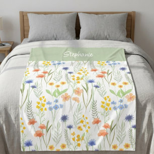Green Orange Watercolor Wildflower Name Fleece Blanket