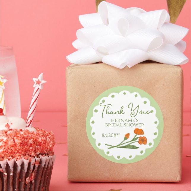 Green Orange Whimsical Thank You Bridal Shower Classic Round Sticker (Party)