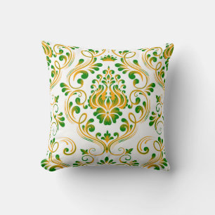 Green Orange White Damask Floral Pattern Elegant Cushion