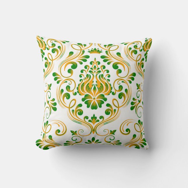 Green Orange White Damask Floral Pattern Elegant  Cushion (Front)