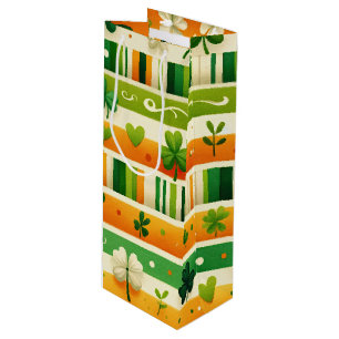 GREEN ORANGE WHITE IRISH PLAID AND SHAMROCKS WINE GIFT BAG