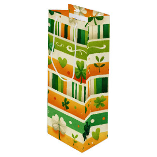 GREEN ORANGE WHITE IRISH PLAID AND SHAMROCKS WINE GIFT BAG
