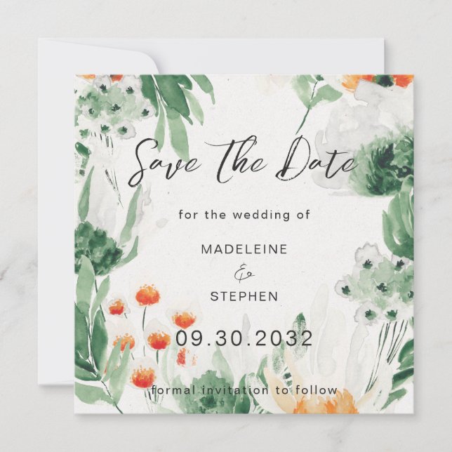 Green & orange Wildflowers floral Save The Date (Front)