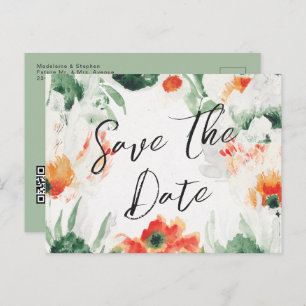 Green & orange Wildflowers QR Code Save the Date Announcement Postcard