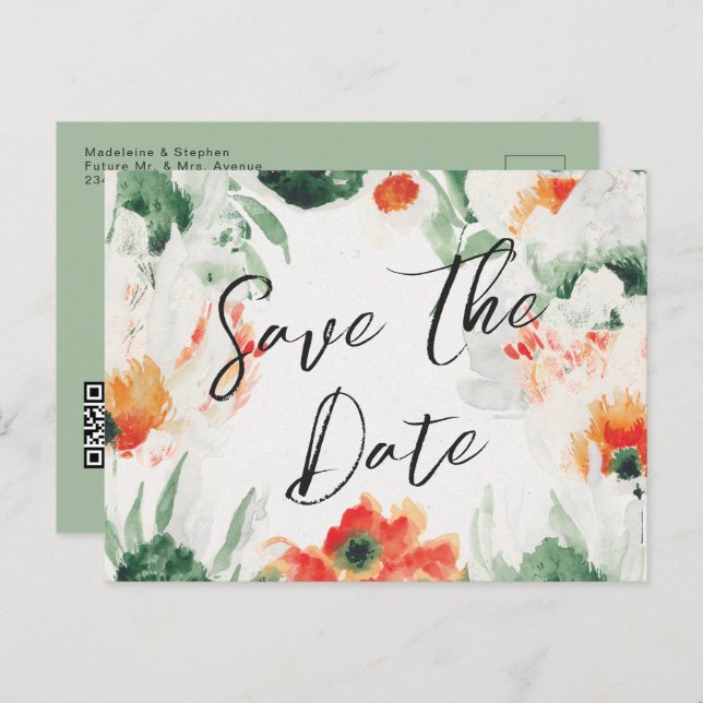 Green & orange Wildflowers QR Code Save the Date Announcement Postcard (Front/Back)