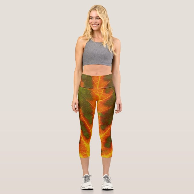 Green Orange & Yellow Aspen Leaf #1 Capri Leggings (Front)