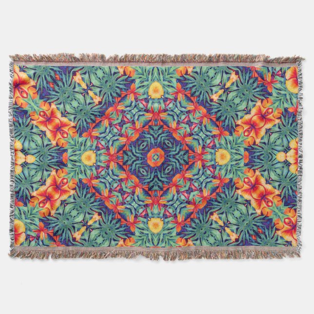 Green Orange Yellow Blue Abstract Tropical Pattern Throw Blanket (Front)