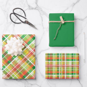 Green, Orange, Yellow, Olive, Mocha & White Plaid Wrapping Paper Sheet
