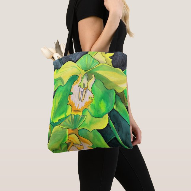 Green Orchid watercolor botanical art Tote Bag (Close Up)