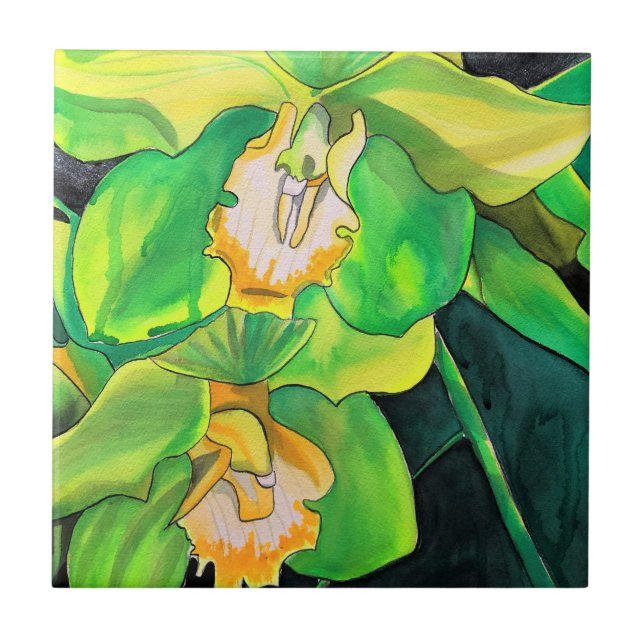 Green Orchid watercolor pop art Tile (Front)