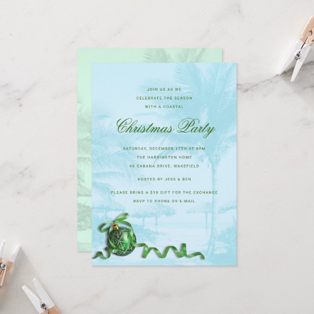 Green Ornament blue Christmas Party Tropical theme Invitation (Front/Back In Situ)