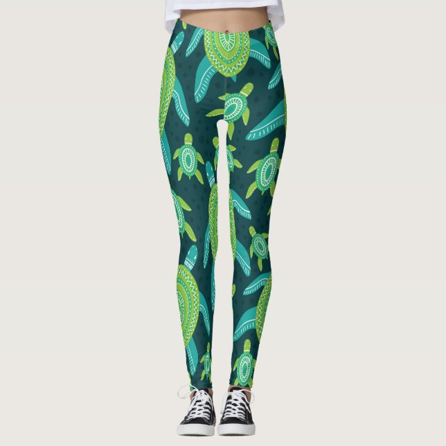 Green ornament turtles: vintage pattern. leggings (Front)