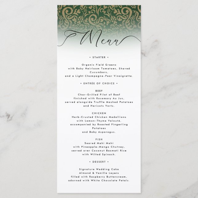 Green Ornate Damask Wedding Menu Card (Front)