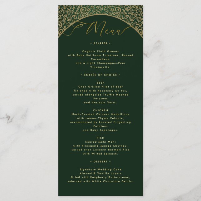 Green Ornate Damask Wedding Menu Card (Front)