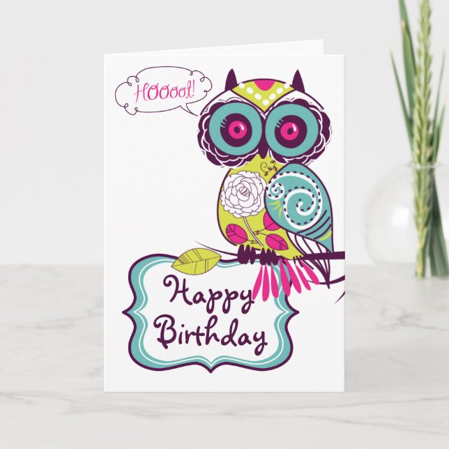 Green Ornate Retro Floral Owl Happy Birthday Card (Front)