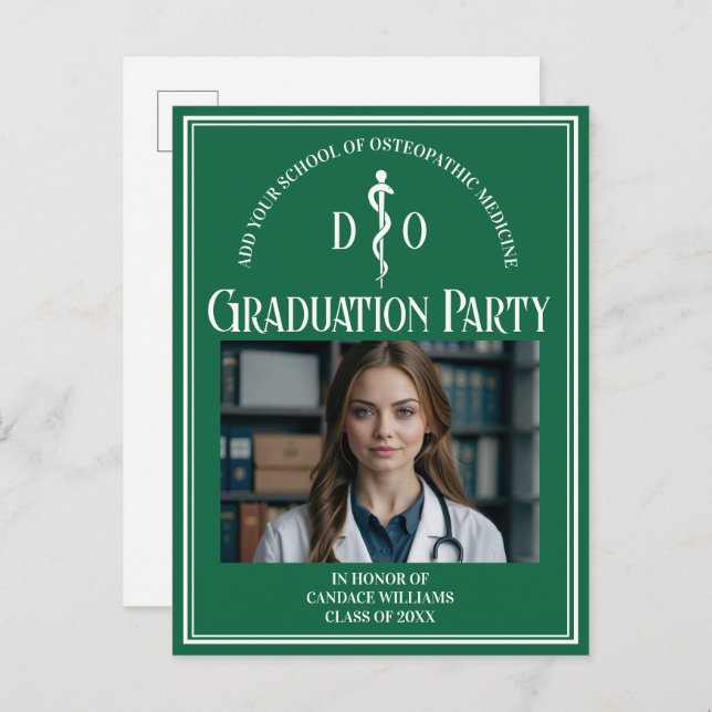 Green Osteopathic Medical School Graduation Party Invitation Postcard (Front/Back)