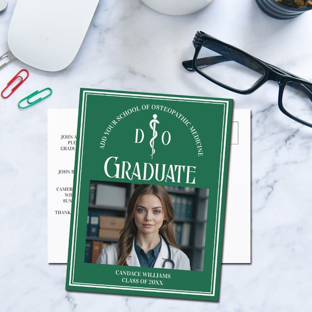 Green Osteopathic Medical School Graduation Photo Announcement Postcard (Creator Uploaded)
