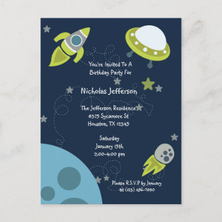 Green Outer Space UFO Birthday Invitation Postcard