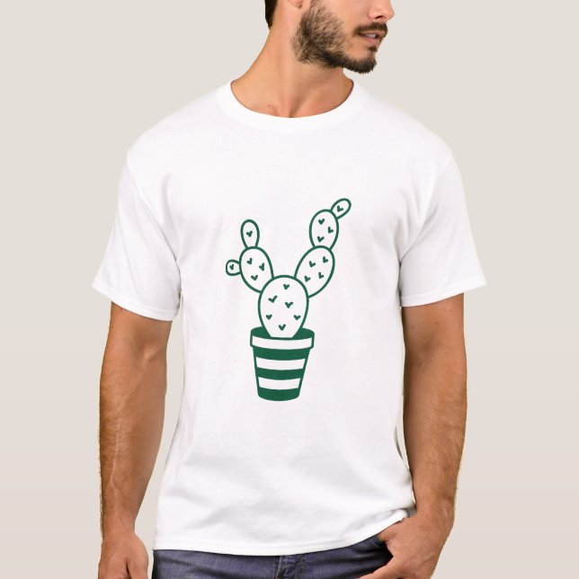 Green Outlined Cactus Graphic White T-Shirt (Front)