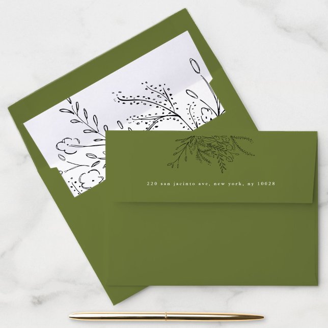 Green Overflowing Bouquet Return Address Envelope (Green return address envelope with hand-drawn overflowing florals liner.)