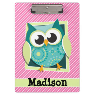 Green Owl on Pink & White Stripes Clipboard