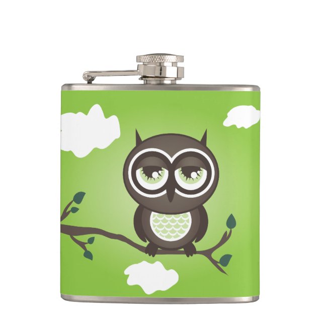 Green Owl Sitting on a Branch Flask (Front)