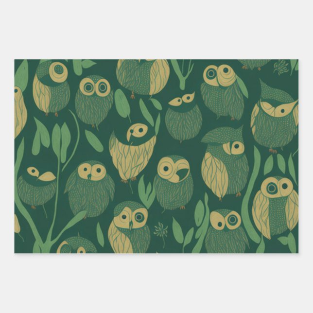Green Owls Wrapping Paper Sheet (Front)