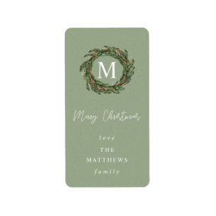 Green PA Wreath Monogram Merry Christmas Label