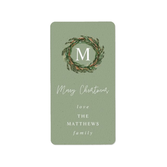 Green PA Wreath Monogram Merry Christmas Label (Front)