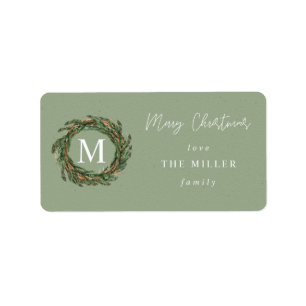 Green PA Wreath Monogram Merry Christmas Label V2