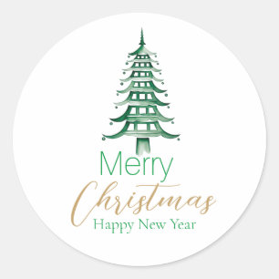 Green Pagoda Christmas Tree  Classic Round Sticker