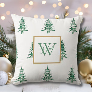 Green Pagoda Christmas Tree Monogrammed Pattern  Cushion