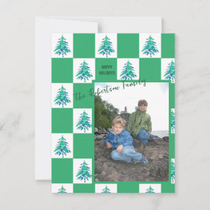 Green Painterly Xmas Tree Chequerboard Photo Note Holiday Card