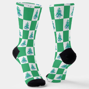Green Painterly Xmas Tree Chequerboard  Socks