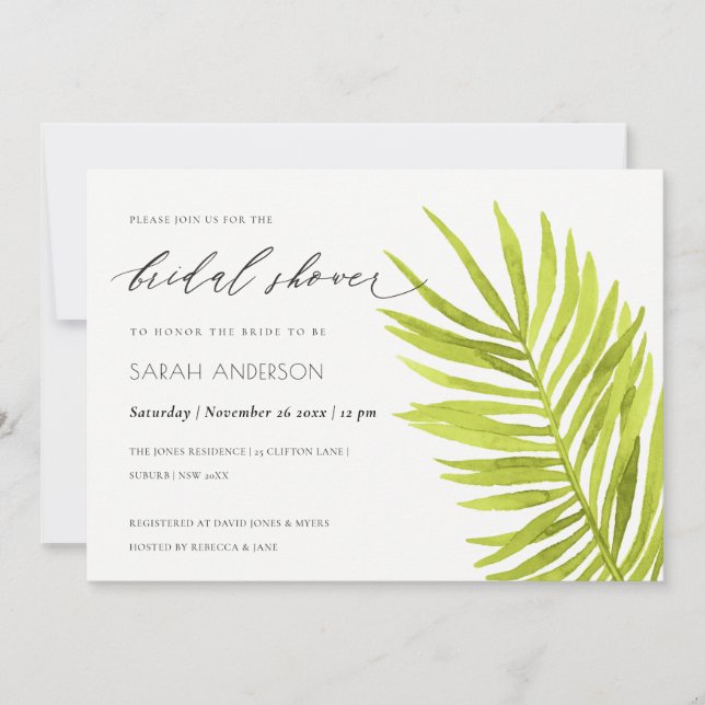 GREEN PALM LEAF WATERCOLOUR FOLIAGE BRIDAL SHOWER INVITATION (Front)