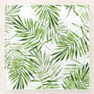 Green Palm Leaves Glass Coaster