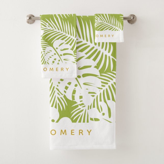 Green Palm Leaves Jungle Pattern Personalised Bath Towel Set (Insitu)