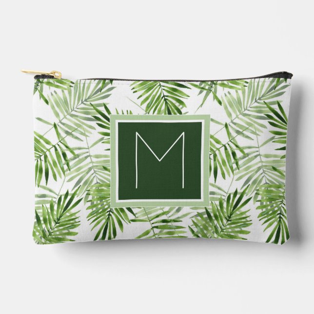 Green Palm Leaves | Monogram Accessory Pouch (Front)