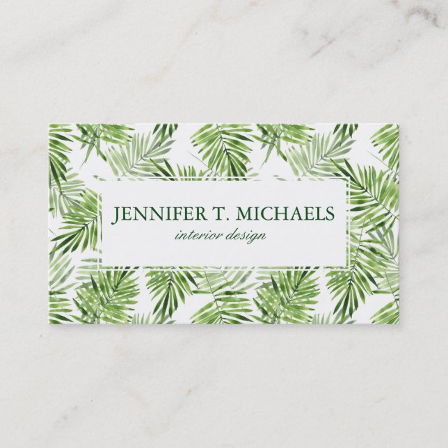 Green Palm Leaves | Monogram Business Card (Front)
