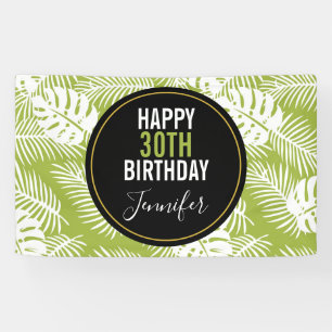 Green Palm Leaves Rainforest Pattern Birthday Banner