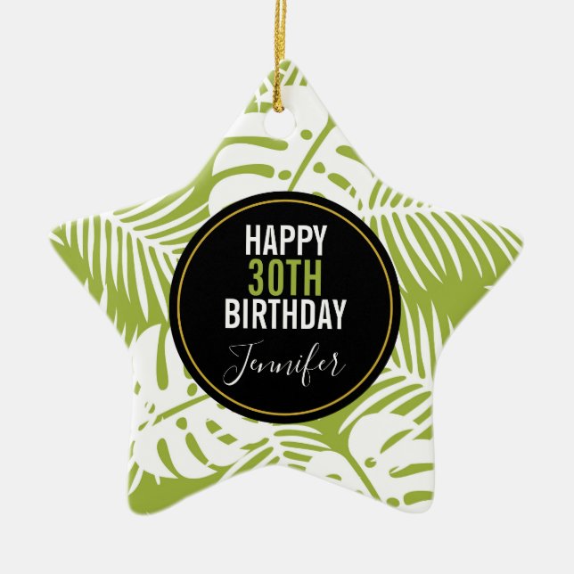 Green Palm Leaves Rainforest Pattern Birthday Ceramic Tree Decoration (Front)