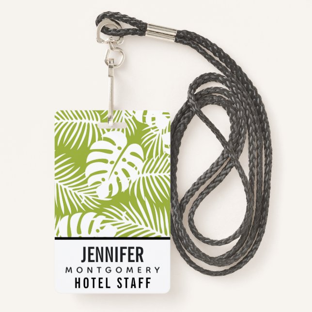 Green Palm Leaves Rainforest Pattern ID Badge (Front with Lanyard)