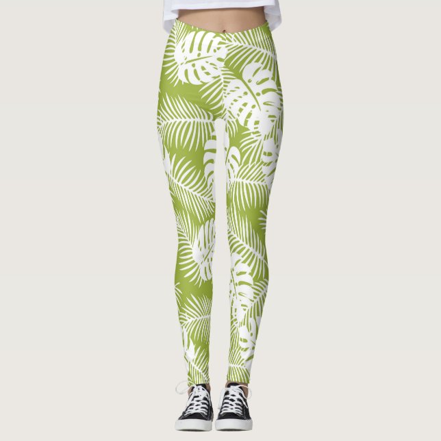 Green Palm Leaves Rainforest Pattern Leggings (Front)