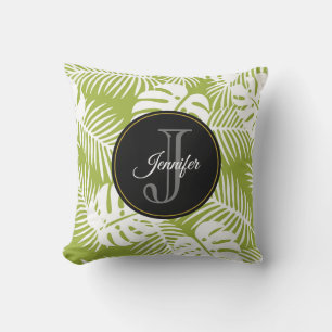Green Palm Leaves Rainforest Pattern Monogram Cushion