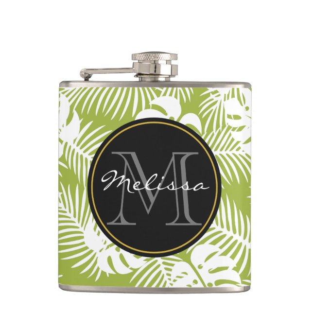 Green Palm Leaves Rainforest Pattern Monogram Hip Flask (Front)