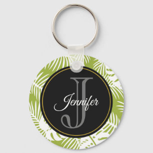 Green Palm Leaves Rainforest Pattern Monogram Key Ring