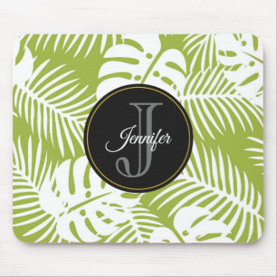 Green Palm Leaves Rainforest Pattern Monogram Mouse Pad