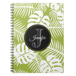 Green Palm Leaves Rainforest Pattern Monogram Notebook