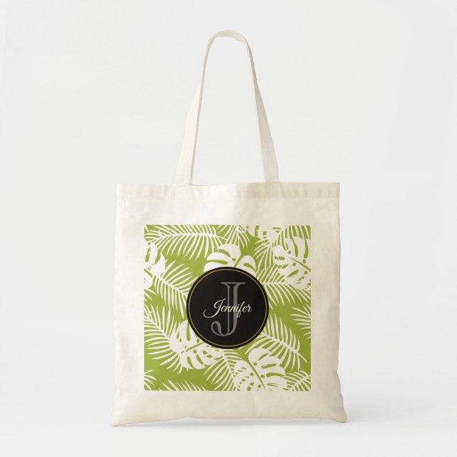 Green Palm Leaves Rainforest Pattern Monogram Tote Bag (Front)