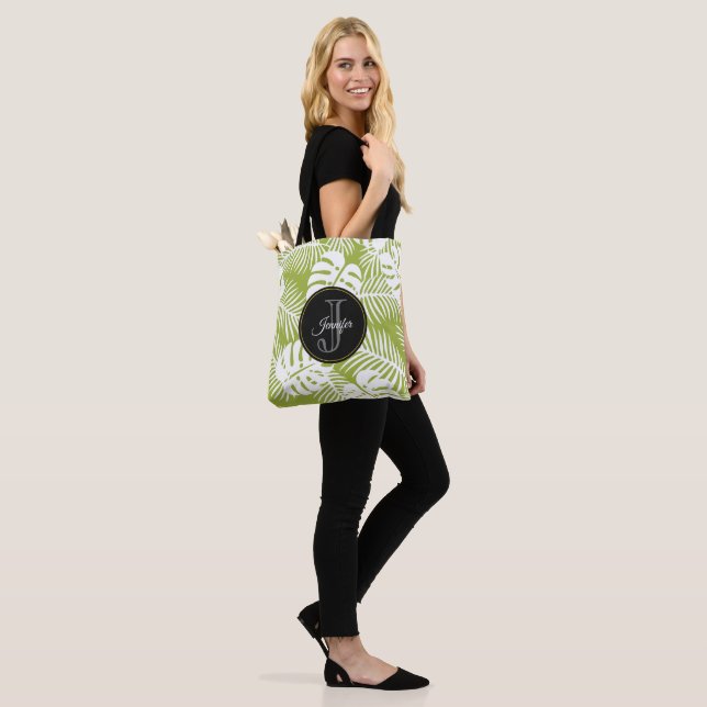 Green Palm Leaves Rainforest Pattern Monogram Tote Bag (On Model)